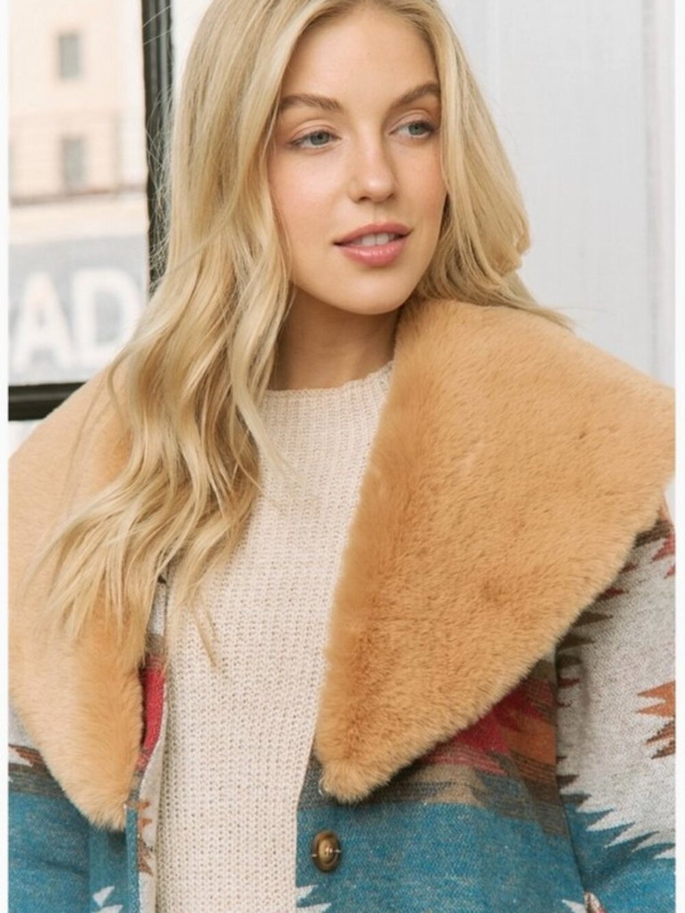 Aztec Jacket Shacket with Contrast Fur Showl Collar - Picture 5 of 13